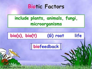 Bio
                              Biotic Factors

               include plants, animals, fungi,
                       microorganisms

          bio(s), bio(t)              (G) root   life

                               biotechnology
                               biomechanics
                               biostatistics
                                biofeedback
                                 biography
                                 biosphere
                                   biology
                                    biotic



© 2004 Plano ISD, Plano, TX
 
