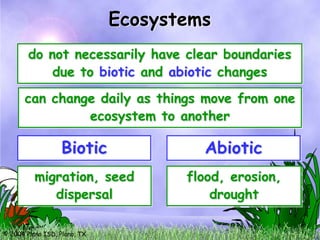 Ecosystems
        do not necessarily have clear boundaries
            due to biotic and abiotic changes
       can change daily as things move from one
                ecosystem to another

                  Biotic               Abiotic
          migration, seed            flood, erosion,
             dispersal                   drought

© 2004 Plano ISD, Plano, TX
 