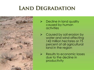  Decline in land quality
caused by human
activities
 Caused by soil erosion by
water and wind affecting
142 million hectares or 75
percent of all agricultural
land in the region
 Results to economic losses
due to the decline in
productivity
 