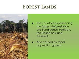  The countries experiencing
the fastest deforestation
are Bangladesh, Pakistan,
the Philippines, and
Thailand.
 Also caused by rapid
population growth.
 