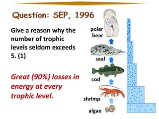 Give a reason why the
number of trophic
levels seldom exceeds
5. (1)

Great (90%) losses in
energy at every
trophic level.

 