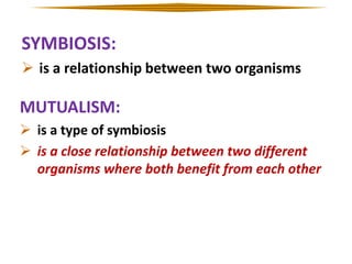 SYMBIOSIS:
 is a relationship between two organisms

MUTUALISM:
 is a type of symbiosis
 is a close relationship between two different
organisms where both benefit from each other

 
