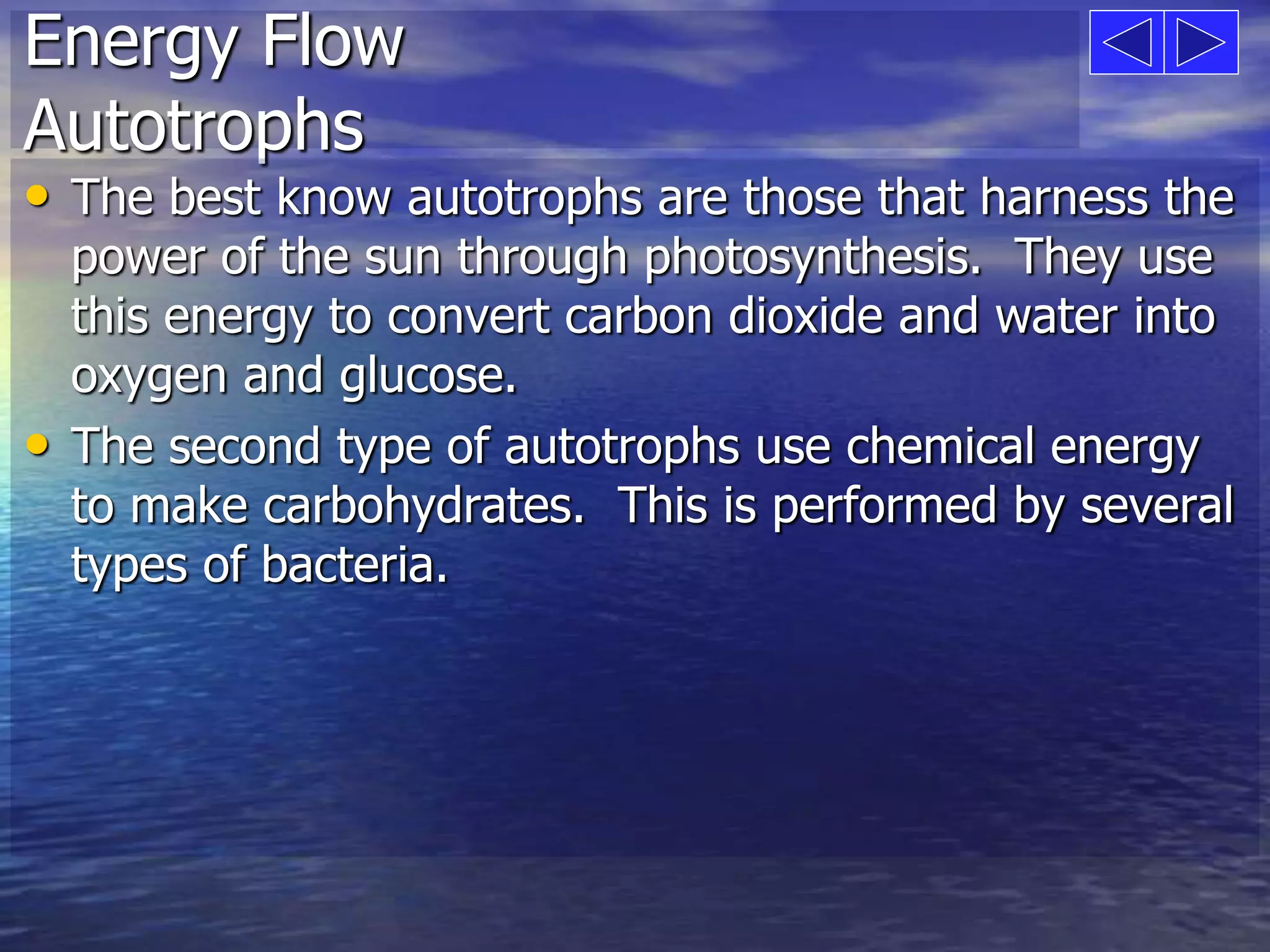 Energy Flow 
Autotrophs 
• The best know autotrophs are those that harness the 
power of the sun through photosynthesis. They use 
this energy to convert carbon dioxide and water into 
oxygen and glucose. 
• The second type of autotrophs use chemical energy 
to make carbohydrates. This is performed by several 
types of bacteria. 
 