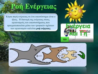 Κύρια πηγή ενέργειας σε ένα οικοσύστημα είναι ο
ήλιος. Η διανομή της ενέργειας στους
οργανισμούς του οικοσυστήματος που
πραγματοποιείται μέσω των τροφικών σχέσεων
των οργανισμών καλείται ροή ενέργειας.
 