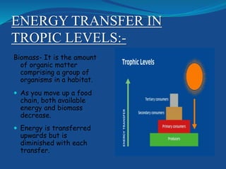 ENERGY TRANSFER IN
TROPIC LEVELS:-
Biomass- It is the amount
of organic matter
comprising a group of
organisms in a habitat.
 As you move up a food
chain, both available
energy and biomass
decrease.
 Energy is transferred
upwards but is
diminished with each
transfer.
 