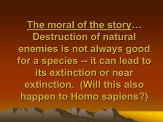 The moral of the story…
Destruction of natural
enemies is not always good
for a species -- it can lead to
its extinction or near
extinction. (Will this also
happen to Homo sapiens?)
 