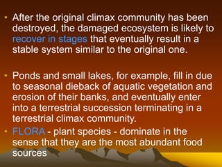 • After the original climax community has been
destroyed, the damaged ecosystem is likely to
recover in stages that eventually result in a
stable system similar to the original one.
• Ponds and small lakes, for example, fill in due
to seasonal dieback of aquatic vegetation and
erosion of their banks, and eventually enter
into a terrestrial succession terminating in a
terrestrial climax community.
• FLORA - plant species - dominate in the
sense that they are the most abundant food
sources
 