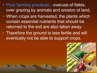 • Poor farming practices - overuse of fields,
over grazing by animals and erosion of land.
• When crops are harvested, the plants which
contain essential nutrients that should be
returned to the soil are also taken away.
• Therefore the ground is less fertile and will
eventually not be able to support crops.
 