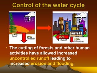 Control of the water cycle
• The cutting of forests and other human
activities have allowed increased
uncontrolled runoff leading to
increased erosion and flooding.
 