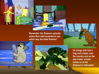 Remember the Simpson episode
where Bart calls Australia to see
which way the toilet flushes?
He brings with him a
frog and it takes over
the country and on the
way home, a koala
hands on to the
Simpson’s helicopter!
 
