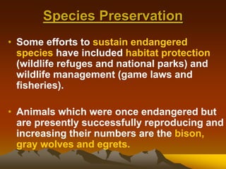 Species Preservation
• Some efforts to sustain endangered
species have included habitat protection
(wildlife refuges and national parks) and
wildlife management (game laws and
fisheries).
• Animals which were once endangered but
are presently successfully reproducing and
increasing their numbers are the bison,
gray wolves and egrets.
 