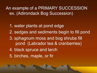 An example of a PRIMARY SUCCESSION
ex. (Adirondack Bog Succession)
1. water plants at pond edge
2. sedges and sediments begin to fill pond
3. sphagnum moss and bog shrubs fill
pond (Labrador tea & cranberries)
4. black spruce and larch
5. birches, maple, or fir
 