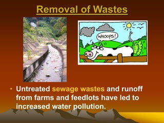 Removal of Wastes
• Untreated sewage wastes and runoff
from farms and feedlots have led to
increased water pollution.
 