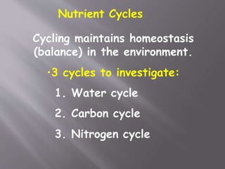 Nutrient Cycles
Cycling maintains homeostasis
(balance) in the environment.
•3 cycles to investigate:
1. Water cycle
2. Carbon cycle
3. Nitrogen cycle
 
