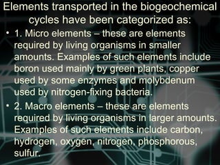 Elements transported in the biogeochemical
cycles have been categorized as:
• 1. Micro elements – these are elements
required by living organisms in smaller
amounts. Examples of such elements include
boron used mainly by green plants, copper
used by some enzymes and molybdenum
used by nitrogen-fixing bacteria.
• 2. Macro elements – these are elements
required by living organisms in larger amounts.
Examples of such elements include carbon,
hydrogen, oxygen, nitrogen, phosphorous,
sulfur.
 