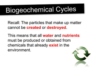 Recall: The particles that make up matter
cannot be created or destroyed.
This means that all water and nutrients
must be produced or obtained from
chemicals that already exist in the
environment.
 