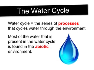 Water cycle = the series of processes
that cycles water through the environment
Most of the water that is
present in the water cycle
is found in the abiotic
environment.
 