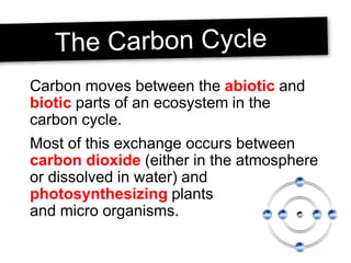 Carbon moves between the abiotic and
biotic parts of an ecosystem in the
carbon cycle.
Most of this exchange occurs between
carbon dioxide (either in the atmosphere
or dissolved in water) and
photosynthesizing plants
and micro organisms.
 