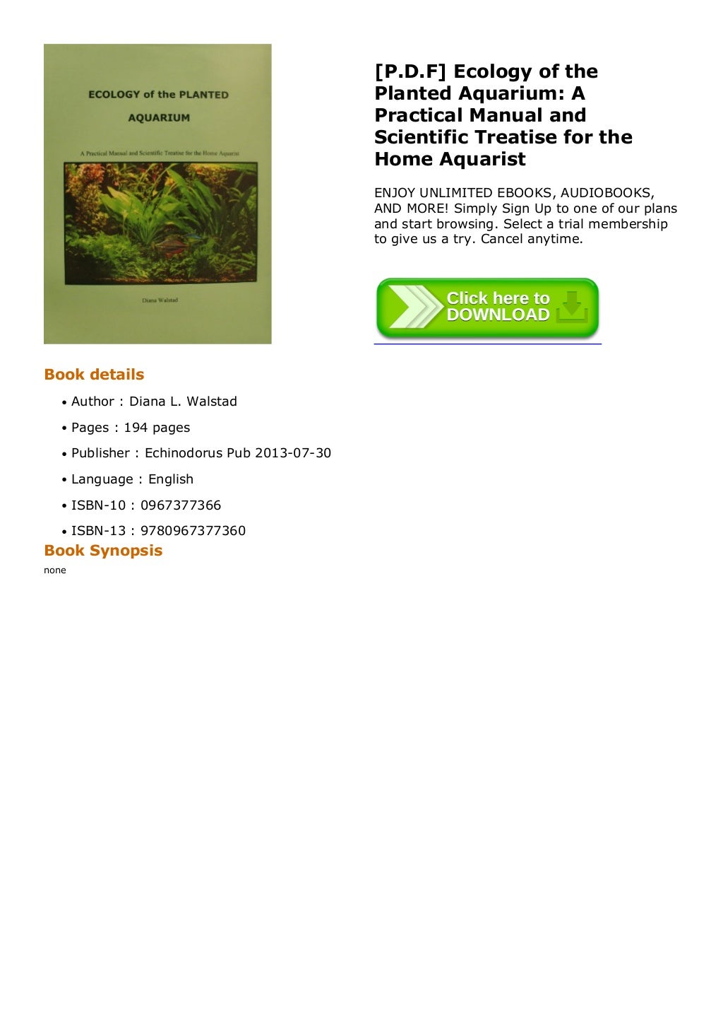 [P.D.F] Ecology of the Planted Aquarium A Practical