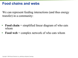 Food chains and webs Food chain  =   simplified linear diagram of who eats whom Food web  = complex network of who eats whom We can represent feeding interactions (and thus energy transfer) in a community: 
