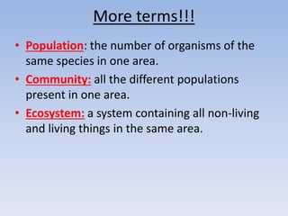 More terms!!!
• Population: the number of organisms of the
same species in one area.
• Community: all the different populations
present in one area.
• Ecosystem: a system containing all non-living
and living things in the same area.
 