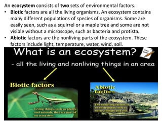 An ecosystem consists of two sets of environmental factors.
• Biotic factors are all the living organisms. An ecosystem contains
many different populations of species of organisms. Some are
easily seen, such as a squirrel or a maple tree and some are not
visible without a microscope, such as bacteria and protista.
• Abiotic factors are the nonliving parts of the ecosystem. These
factors include light, temperature, water, wind, soil.
 