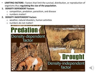 • LIMITING FACTORS - Factors that limit the survival, distribution, or reproduction of
organisms thus regulating the size of the population.
1. DENSITY DEPENDENT Factors
o competition, predation, parasitism, and disease
o numbers matter!
2. DENSITY INDEPENDENT Factors
o weather, natural disasters, human activities
o numbers do not matter!
 