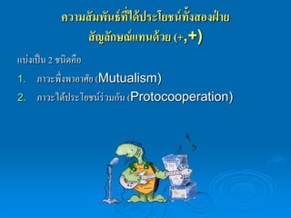 ความสั มพันธ์ ที่ได้ ประโยชน์ ท้งสองฝ่ าย
                                        ั
            สั ญลักษณ์ แทนด้ วย (+,+)
แบ่งเป็ น 2 ชนิดคือ
1. ภาวะพึ่งพาอาศัย (Mutualism)
2. ภาวะได้ประโยชน์ร่วมกัน (Protocooperation)
 