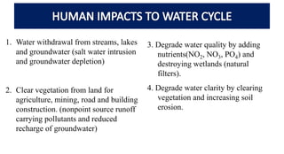1. Water withdrawal from streams, lakes
and groundwater (salt water intrusion
and groundwater depletion)
2. Clear vegetation from land for
agriculture, mining, road and building
construction. (nonpoint source runoff
carrying pollutants and reduced
recharge of groundwater)
3. Degrade water quality by adding
nutrients(NO2, NO3, PO4) and
destroying wetlands (natural
filters).
4. Degrade water clarity by clearing
vegetation and increasing soil
erosion.
 