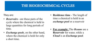 They are:
• Reservoirs - are those parts of the
cycle where the chemical is held in
large quantities for long periods of
time.
• Exchange pools, on the other hand,
where the chemical is held for only
a short time.
• Residence time - The length of
time a chemical is held in an
exchange pool or a reservoir
• For example: The Oceans are a
Reservoir for water, while a
Cloud is an Exchange pool.
 
