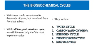 • Water may reside in an ocean for
thousands of years, but in a cloud for a
few days at best.
• While all inorganic nutrients cycle,
we will focus on only 4 of the most
important cycles
• They include:
1.
 