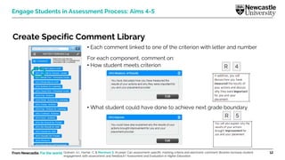 From Newcastle. For the world. 12
Engage Students in Assessment Process: Aims 4-5
Create Specific Comment Library
• Each comment linked to one of the criterion with letter and number
For each component, comment on:
• How student meets criterion
• What student could have done to achieve next grade boundary
R 4
R 5
Graham, A.I., Harner, C. & Marsham S. (In prep). Can assessment-specific marking criteria and electronic comment libraries increase student
engagement with assessment and feedback? Assessment and Evaluation in Higher Education.
 