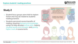 From Newcastle. For the world. 20
Explore students’ reading practices
Study 2
o Student focus groups were held to explore
factors that may be related to students’
reading practices
o Students perceived several benefits of
reading; acquiring background knowledge,
using it to help develop writing skills, helping
visualise words and concepts, and gaining
higher marks in assessments
St Clair-Thompson H, Graham A, Marsham S. (2018). Exploring the Reading Practices of Undergraduate Students. Education Inquiry, 9(3), 284-298.
Students understood what is
expected - whether it be how
much reading they are
supposed to do or which
sources are essential to read
Students use a range of
strategies when reading
Students read
more if it was
required to
understand a
lecture, before
attending a
seminar, or if
they were to be
quizzed on
material
Students
recognise
progression
from St 1 to St
3 - reading
more
textbooks at
St 1 & primary
literature at St
3
 