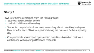From Newcastle. For the world. 21
Examine some barriers to reading; lack of time and lack of confidence
Study 3
Two key themes emerged from the focus groups:
o Students’ perceived lack of time
o Lack of confidence with reading
o Students completed a closed-response diary about how they had spent
their time for each 60 minute period during the previous 24 hour working
day
o Completed structured and open-ended questions based on their own
confidence with reading difference materials
St Clair-Thompson H, Graham A, Marsham S. (2018). Exploring the Reading Practices of Undergraduate Students. Education Inquiry, 9(3), 284-298.
 