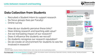 From Newcastle. For the world. 30
Data Collection from Students
o Recruited a Student Intern to support research
o Six focus groups (two per Faculty)
o Online survey
o How do our students perceive these links?
o Does linking research and teaching add value?
o Are we translating impact of our research?
o Does it influence the students we recruit?
o Do students recognise our research reputation?
o Do we create an environment for students to see/be
involved in research?
Links between research and teaching
With thanks to:
Charlotte Huggins, Suzanne Cholerton, Richard Harrison, Claire Irving, Sue Gill, and all participating students
Marsham S. & Huggins, C. (2016). Links between research and teaching at Newcastle University. University Learning, Teaching and Student
Experience Committee Report.
 