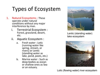 Types of Ecosystem
1. Natural Ecosystems : These
operate under natural
conditions without any major
interference by man.
i. Terrestrial Ecosystem :
Forest, grassland, desert,
etc.
ii. Aquatic Ecosystem :
Lentic (standing water)
lake ecosystem
a. Fresh water : Lotic
(running water like
spring, stream, or
rivers) or Lentic
(standing water as
lake, pond, pools, etc.)
b. Marine water : Such as
deep bodies as ocean
or shallow ones as Sea
or an estuary.
Lotic (flowing water) river ecosystem
 