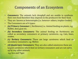 Components of an Ecosystem
• Consumers: The animals lack chrophyll and are unable to synthesis
their own food therefore they depend on the producers for their food.
They are known as heterotrophs (i.e. heteros= others, trophs= feeder)
The Consumers are of 4 types:
(a) Primary Consumer: ( Herbivores) i.e. Animal feeding on plants, e.g.
Rabbit, deer, goat etc.
(b) Secondary Consumers: The animal feeding on Herbivores are
called as secondary consumers or primary carnivores. e.g. Cats, foxes,
snakes.
(c) Tertiary Consumers: These are large carnivores which feed on
secondary consumers. e.g. Wolves
(d) Quaternary Consumers: They are also called omnivores these are
largest carnivores which feed on tertiary consumers and are not eaten
up by any other animals.
e.g. lion and Tiger.
•
•
•
•
•
•
10
 