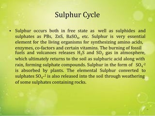Sulphur Cycle
• Sulphur occurs both in free state as well as sulphides and
sulphates as PBs, ZnS, BaSO4, etc. Sulphur is very essential
element for the living organisms for synthesizing amino acids,
enzymes, co-factors and certain vitamins. The burning of fossil
fuels and volcanoes releases H2S and SO2 gas in atmosphere,
which ultimately returns to the soil as sulphuric acid along with
SO4
-2rain, forming sulphate compounds. Sulphur in the form of
is absorbed by plants. The elemental Sulphur converted to
sulphates SO4-2 is also released into the soil through weathering
of some sulphates containing rocks.
41
 