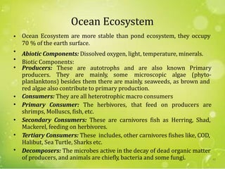 Ocean Ecosystem
Ocean Ecosystem are more stable than pond ecosystem, they occupy
70 % of the earth surface.
Abiotic Components: Dissolved oxygen, light, temperature, minerals.
Biotic Components:
•
•
•
• Producers:
producers.
These are autotrophs and are also known Primary
They are mainly, some microscopic algae (phyto-
planlanktons) besides them there are mainly, seaweeds, as brown and
red algae also contribute to primary production.
Consumers: They are all heterotrophic macro consumers•
• Primary Consumer: The herbivores, that feed on producers are
shrimps, Molluscs, fish, etc.
Secondary Consumers: These are carnivores fish as Herring, Shad,
Mackerel, feeding on herbivores.
Tertiary Consumers: These includes, other carnivores fishes like, COD,
Halibut, Sea Turtle, Sharks etc.
Decomposers: The microbes active in the decay of dead organic matter
of producers, and animals are chiefly, bacteria and some fungi.
•
•
•
62
 