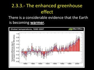 2.3.3.- The enhanced greenhouse
               effect
There is a considerable evidence that the Earth
is becoming warmer.
 