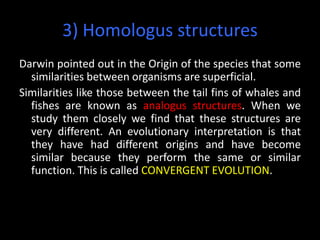 3) Homologus structures
Darwin pointed out in the Origin of the species that some
  similarities between organisms are superficial.
Similarities like those between the tail fins of whales and
  fishes are known as analogus structures. When we
  study them closely we find that these structures are
  very different. An evolutionary interpretation is that
  they have had different origins and have become
  similar because they perform the same or similar
  function. This is called CONVERGENT EVOLUTION.
 