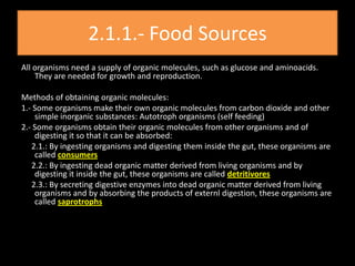 2.1.1.- Food Sources
All organisms need a supply of organic molecules, such as glucose and aminoacids.
    They are needed for growth and reproduction.

Methods of obtaining organic molecules:
1.- Some organisms make their own organic molecules from carbon dioxide and other
    simple inorganic substances: Autotroph organisms (self feeding)
2.- Some organisms obtain their organic molecules from other organisms and of
    digesting it so that it can be absorbed:
   2.1.: By ingesting organisms and digesting them inside the gut, these organisms are
    called consumers
   2.2.: By ingesting dead organic matter derived from living organisms and by
    digesting it inside the gut, these organisms are called detritivores
   2.3.: By secreting digestive enzymes into dead organic matter derived from living
    organisms and by absorbing the products of externl digestion, these organisms are
    called saprotrophs
 