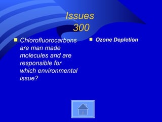Issues
                     300
s   Chlorofluorocarbons   s   Ozone Depletion
    are man made
    molecules and are
    responsible for
    which environmental
    issue?
 
