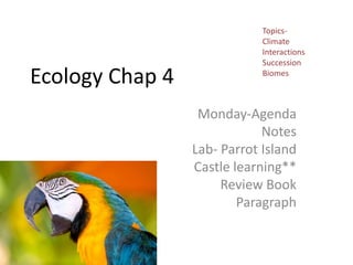 Topics- Climate Interactions Succession Biomes Ecology Chap 4 Monday-Agenda Notes Lab- Parrot Island Castle learning** Review Book Paragraph 