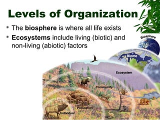Levels of Organization



The biosphere is where all life exists
Ecosystems include living (biotic) and
non-living (abiotic) factors

 