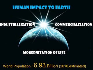 Human Impact to Earth


Industrialization                Commercialization




             Modernization of Life


 World Population :   6.93 Billion (2010,estimated)
 