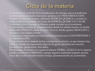 Eduardo Gómez La Ecosfera 29
• La materia es el vehículo de la transferencia de energía, que se transforma
continuamente mediante reacciones químicas de OXIDO-REDUCCIÓN.
• Cuando la materia se reduce, almacena ENERGÍA QUÍMICA y cuando se
oxida, la libera en también en forma de ENERGÍA QUÍMICA O CALOR.
• A diferencia de la Energía, la Materia puede circular en el ecosistema.
• La circulación consiste en la transferencia desde los medios inertes en donde
suele estar OXIDADA, hasta los seres vivos en donde aparece REDUCIDA y
de nuevo a los medios inertes.
• Los procesos implicados en estas transformaciones son LA FOTOSÍNTESIS Y
LA RESPIRACIÓN.
• La circulación de la materia en los ecosistemas es abierta, ya que siempre hay
salida y entrada de organismos, fijación de gases, pérdidas por erosión,
precipitación, gasificación, lixiviados...
• Sin embargo, si tenemos en cuenta el sistema TIERRA, el CICLO de la materia
puede considerarse CERRADO, aunque algunos materiales pueden quedar
fuera del circuito durante mucho tiempo, permaneciendo en yacimientos.
 