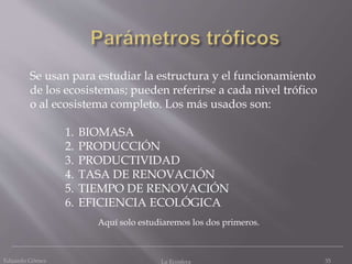 Eduardo Gómez La Ecosfera 35
Se usan para estudiar la estructura y el funcionamiento
de los ecosistemas; pueden referirse a cada nivel trófico
o al ecosistema completo. Los más usados son:
1. BIOMASA
2. PRODUCCIÓN
3. PRODUCTIVIDAD
4. TASA DE RENOVACIÓN
5. TIEMPO DE RENOVACIÓN
6. EFICIENCIA ECOLÓGICA
Aquí solo estudiaremos los dos primeros.
 