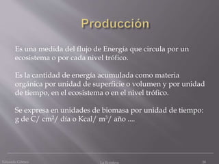 Eduardo Gómez La Ecosfera 38
Es una medida del flujo de Energía que circula por un
ecosistema o por cada nivel trófico.
Es la cantidad de energía acumulada como materia
orgánica por unidad de superficie o volumen y por unidad
de tiempo, en el ecosistema o en el nivel trófico.
Se expresa en unidades de biomasa por unidad de tiempo:
g de C/ cm2/ día o Kcal/ m3/ año ....
 