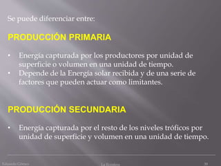 Eduardo Gómez La Ecosfera 39
Se puede diferenciar entre:
PRODUCCIÓN PRIMARIA
• Energía capturada por los productores por unidad de
superficie o volumen en una unidad de tiempo.
• Depende de la Energía solar recibida y de una serie de
factores que pueden actuar como limitantes.
PRODUCCIÓN SECUNDARIA
• Energía capturada por el resto de los niveles tróficos por
unidad de superficie y volumen en una unidad de tiempo.
 